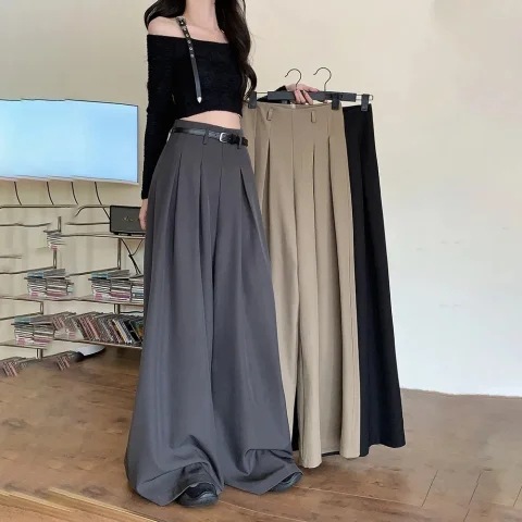 女性のためのハイエンドのドレープグレーのスーツパンツ夏の新しいハイウエストストレートワイドレッグパンツカジュアルパンツフロアレングスパンツ|undefined