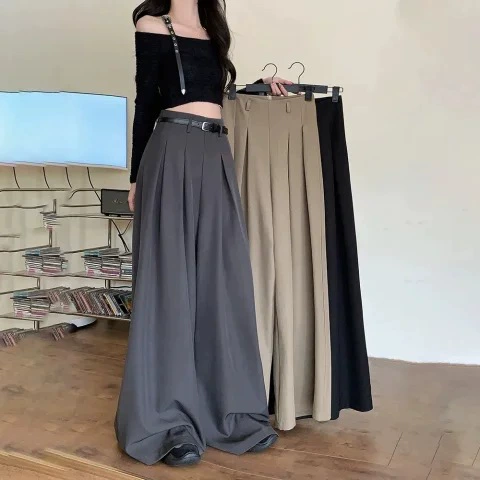 Высококачественные драпированные серые костюмные брюки для женщин, новые летние прямые широкие брюки с высокой талией, повседневные брюки, брюки в пол.
