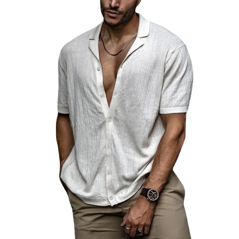 Los hombres europeos y americanos del verano nuevo comercio exterior Amazon casual cardigan de punto manga corta color sólido camiseta BK0010