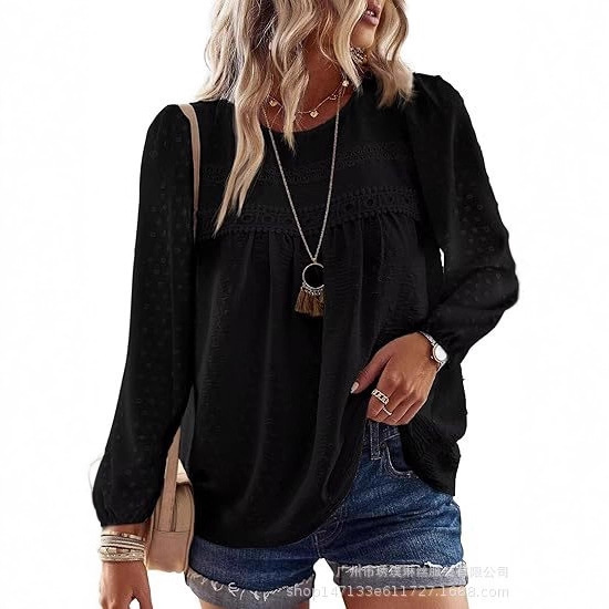 2026 European and American Foreign Trade Amazon Women's New Round Neck Patchwork Pullover Long-Sleeved Loose Lace Top