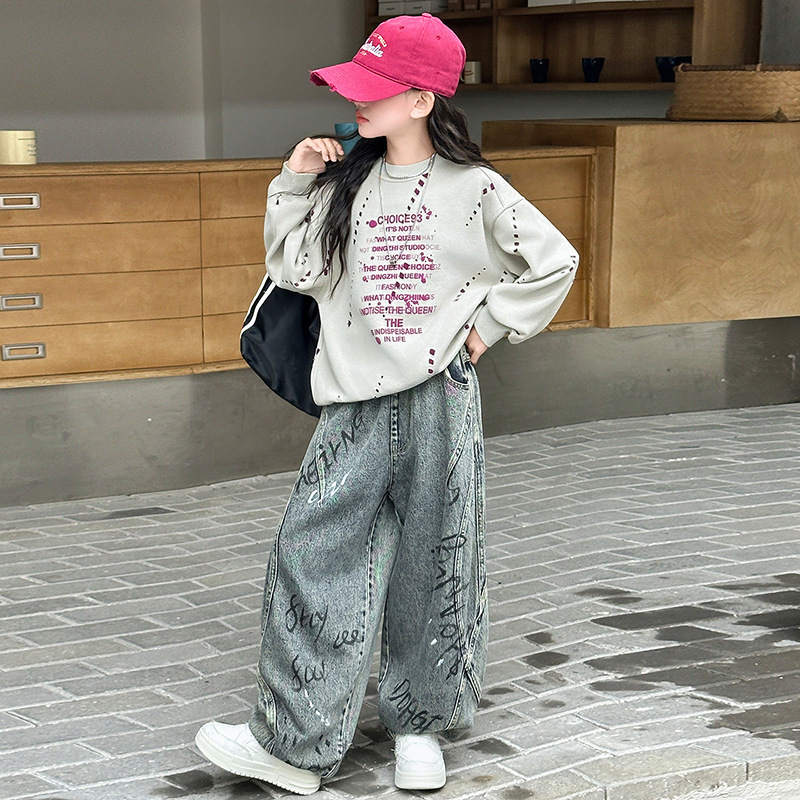女童超好看秋装套装2025新款女大童又酷又飒的卫衣潮酷穿搭牛仔裤|undefined