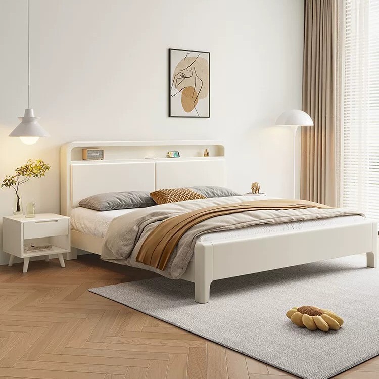 Thickened Full-Length Pine Wood Bed Board, Cream White Large Bed, Headboard Storage Slot, Ambient Light Sensor, Eco-Friendly Matte Paint