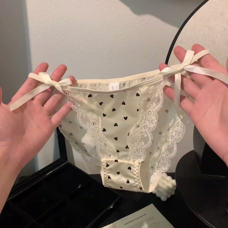 Japanese Lace Heart Panties for Women, Sexy Girl Bow Pure Desire, Mid-Waist Satin Ice Silk Panties for Women