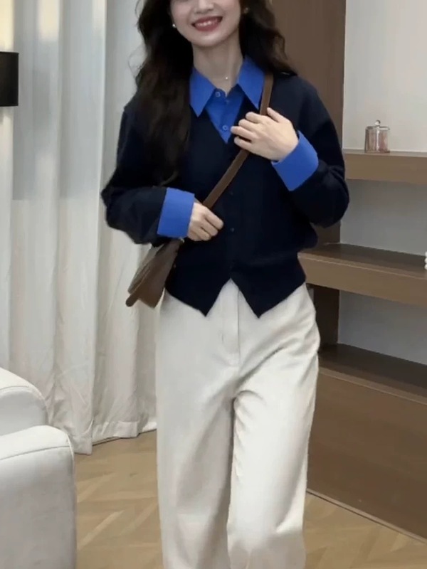 撞色假两件衬衫领毛衣外套女2025秋冬新款通勤百搭气质针织开衫潮|undefined