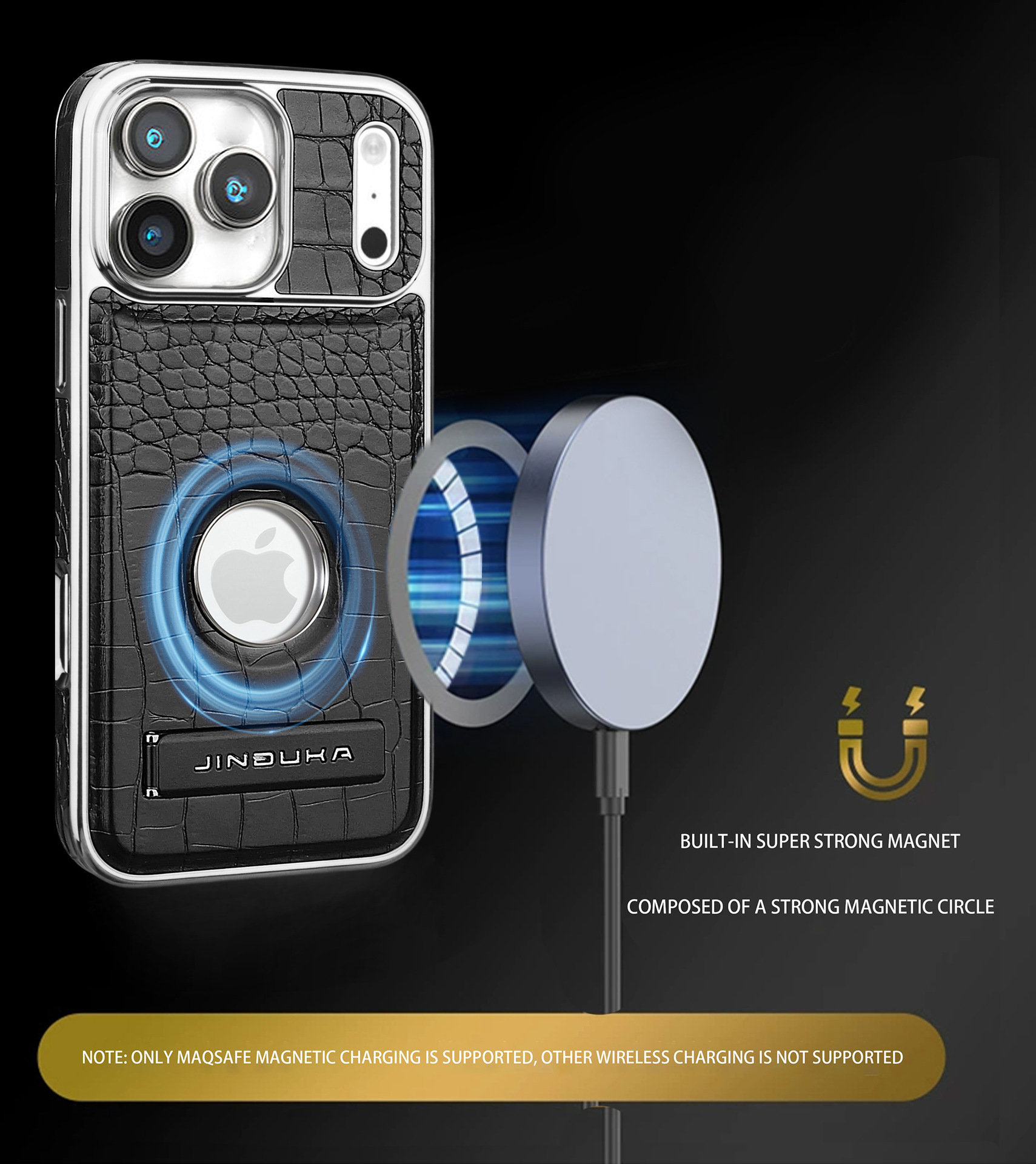 Ốp lưng iPhone 16 Pro Max da vân cá sấu cao cấp, có chân đế và hỗ trợ sạc từ tính — Màu đen, Màu xanh lam, Màu nâu nhạt, Màu nâu đậm chi tiết 4