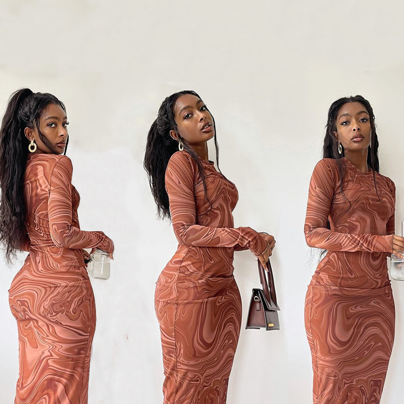 European and American style tight mid-length dress, round neck, long sleeve, printed hip skirt, pullover, foreign trade dress, retro dress_mkmklike.com