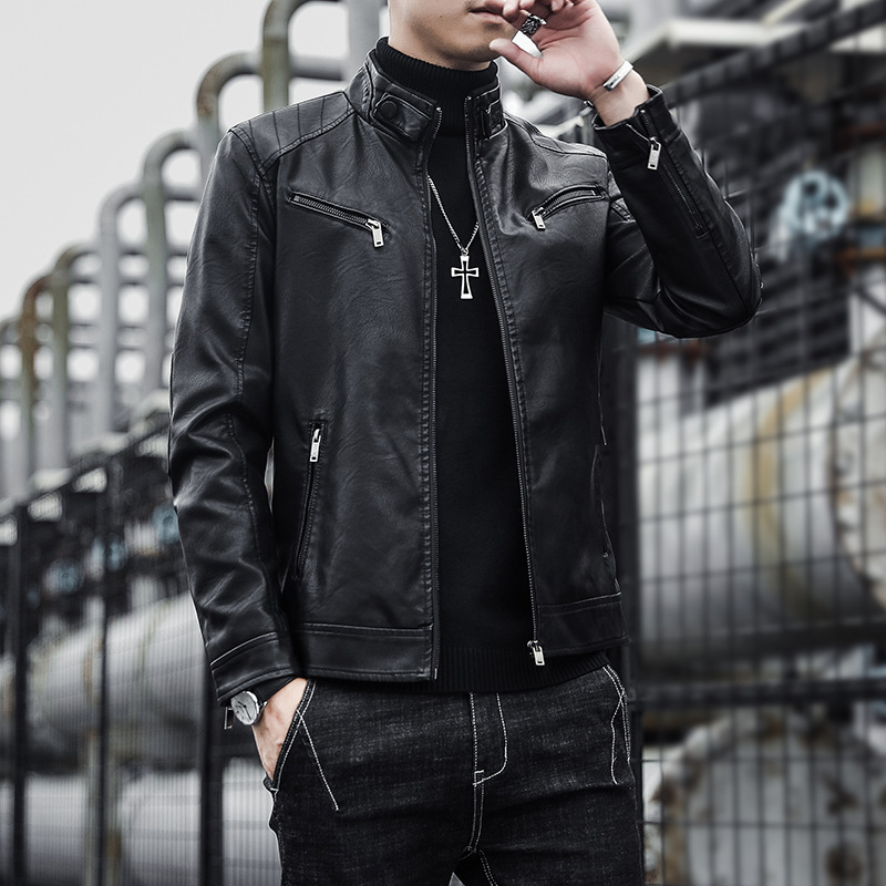 Cross-Border Amazon Men's Pu Leather Jacket Trendy Youth Stand Collar Punk Biker Leather Jacket Cross-Border Amazon Men's Pu Leather Jacket Trendy Youth Stand Collar Punk Biker Leather Jacket
