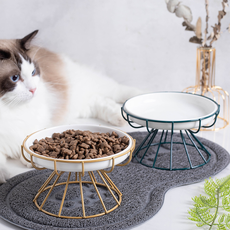 Tazón de cerámica para gatos, cuello de protección de pies altos, tazón de comida para gatos, anti-inclinación, tazón de comida para mascotas, gran calibre no negro, fabricantes de bocadillos de mentón