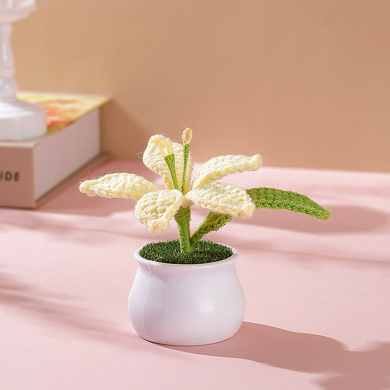 Terminado pequeña olla tejida a mano girasol lirio escritorio coche pequeña decoración regalo de cumpleaños regalo de graduación