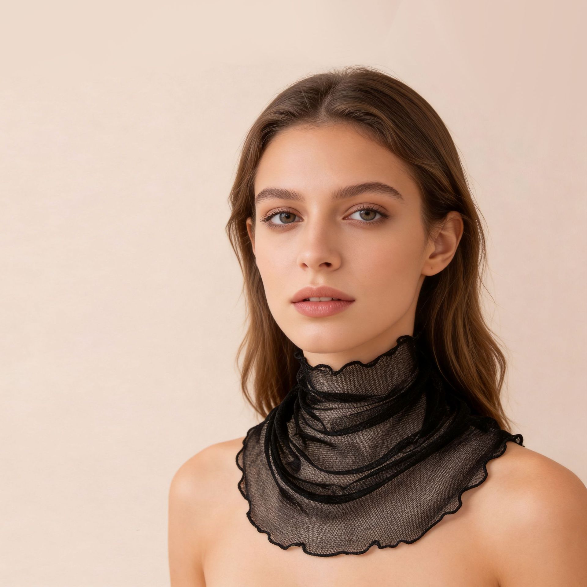 Silk Sun Protection Neck Scarf with Ruffled Edges, Faux Collar, Solid Color Mesh Neck Warmer for Women, Spring and Autumn Neck Protection, Mom's Small Silk Scarf