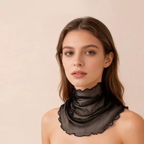 Silk Sun Protection Neck Scarf with Ruffled Edges, Faux Collar, Solid Color Mesh Neck Warmer for Women, Spring and Autumn Neck Protection, Mom's Small Silk Scarf