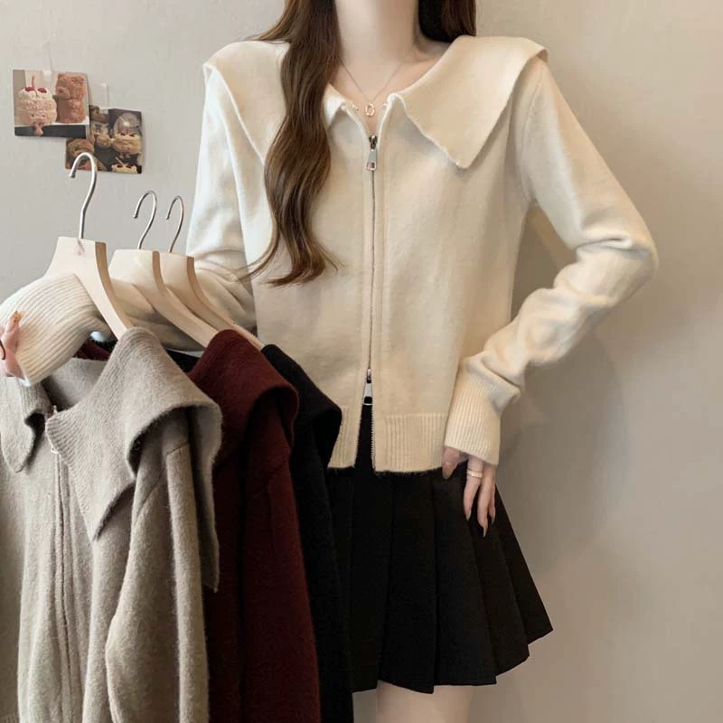 2024 осень и зима новый темно-синий молния с воротником сплошной цвет трикотажный кардиган женский большой размер дикий тонкий свитер топ