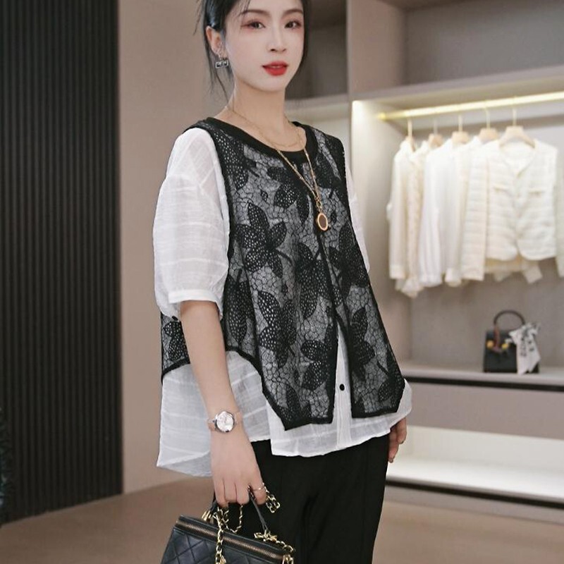 2025 spring new European fake two-piece round neck stitching lace shirt plus size loose design pullover top