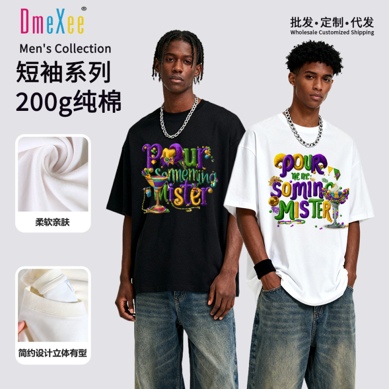 Cross-Border New Carnival Style American Short-Sleeve Men's T-Shirt, Large Size, Trendy Pure Cotton, Loose Round Neck, Wholesale Heavyweight Top