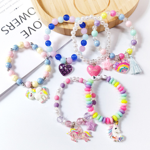 Children's Cute Beaded Bracelet, Cartoon Pearl Hand Chain, Cartoon Rainbow Unicorn Bead Jewelry for Girls