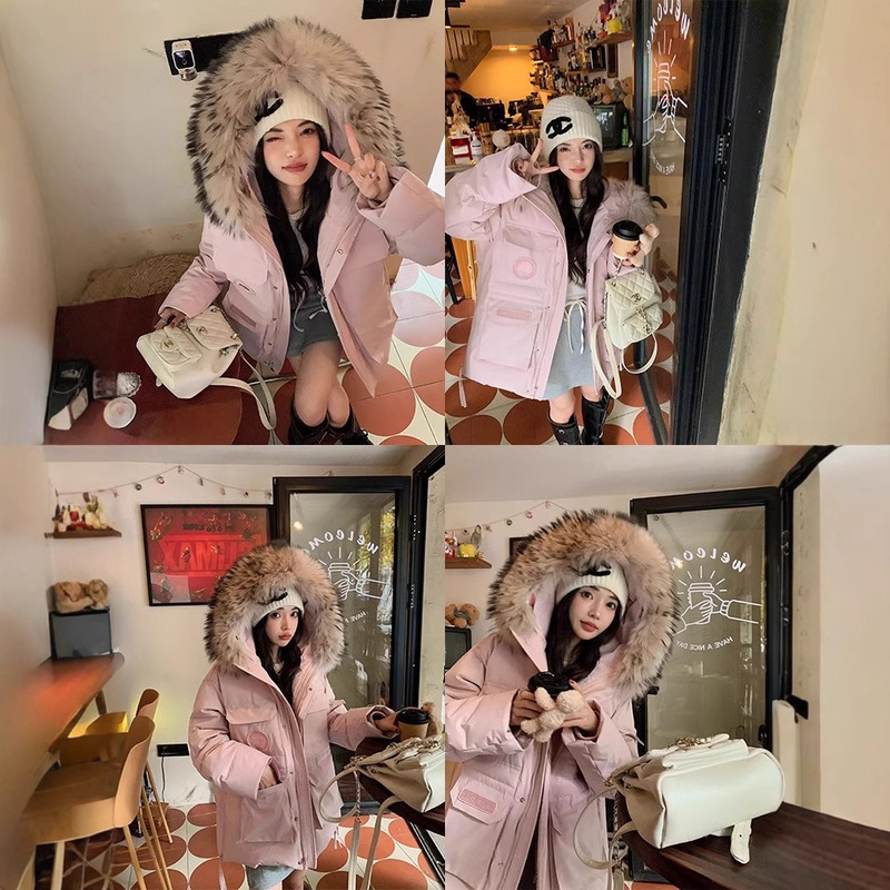 929连帽大毛领2025冬季新款工装派克羽绒棉服 女中长款宽松外套|undefined