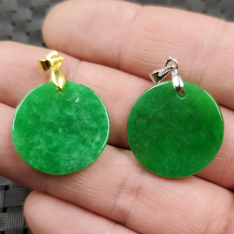 玉石挂件翠玉干青圆形牌子挂件阳绿无字牌吊坠25毫米项链坠玉挂件|ms