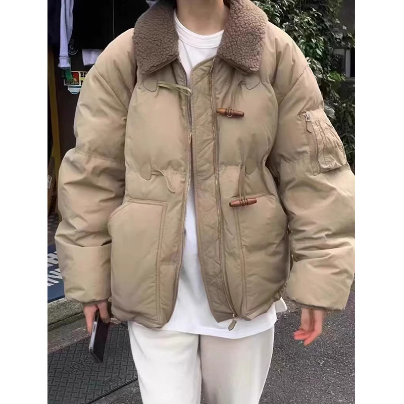 2025 겨울 한국 셀프 서비스 다운 재킷 레트로 캐주얼 탈부착 가능한 모피 칼라 뿔 단추 숏 코트