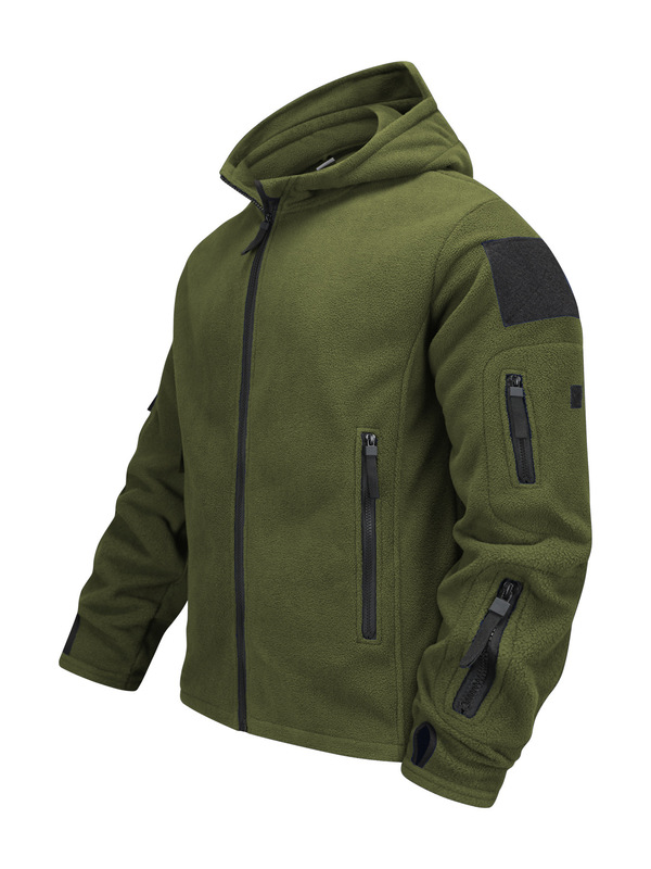 Fleece Hooded Jacket Solid Color Thickened Warm Multi-Pocket Workwear Jacket Men