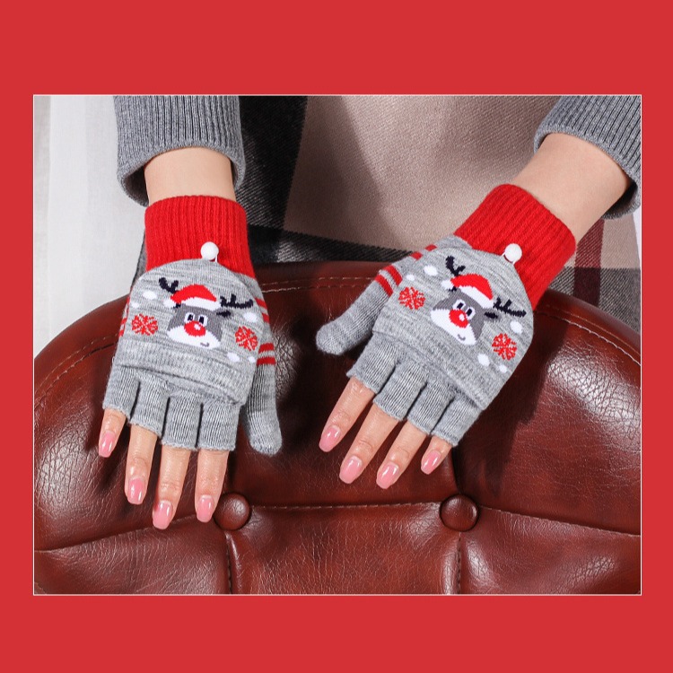 Christmas half finger clamshell Winter warm student handwriting men and women's thick warm cycling knitted gloves_maomaolike.com