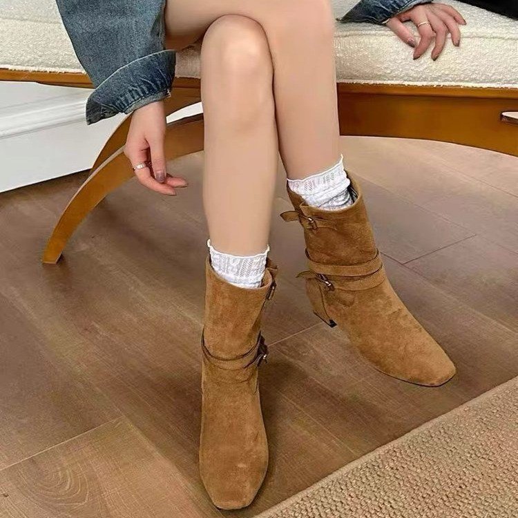 2025韩版新款小众设计复古法式靴子小方头西部靴粗跟马丁靴女靴子|undefined