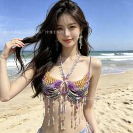 达悦旺跨境欧美水晶珍珠流苏挂脖身体链外搭镂空胸衣辣妹上衣批发