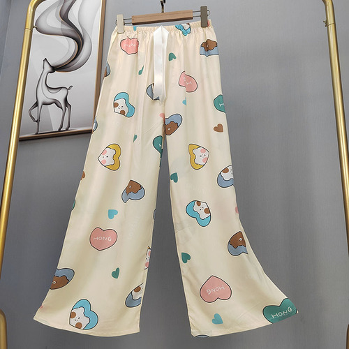 Cotton-silk sleep pants for women, summer thin model, artificial cotton wide-leg pants, suitable for autumn and winter wear, loose home pants, nine-quarter length, high-waisted