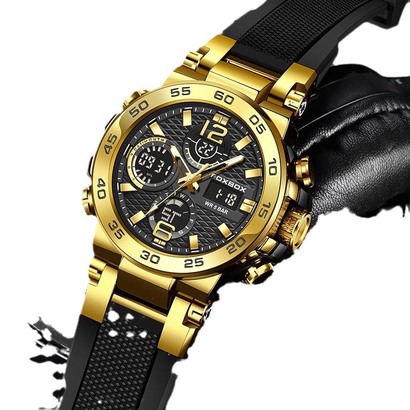 FOXBOX moda nueva pantalla doble multifunción cinta adhesiva luminosa cronometraje deportivo casual impermeable reloj de los hombres 0033