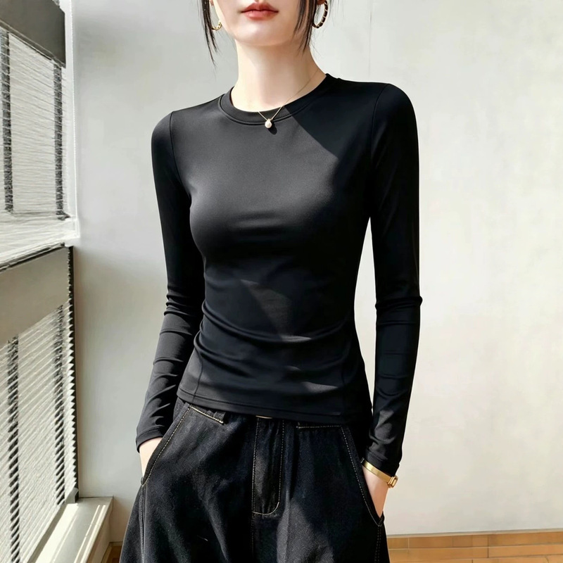 American-style hot girl fitness wear, round-neck women's American-style long-sleeved base layer T-shirt, casual T-shirt, slim-fit inner layer