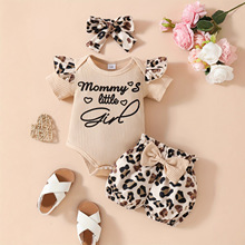 跨境童装新款字母印花短袖坑条童套装哈衣蝴蝶结短裤配头巾三件套