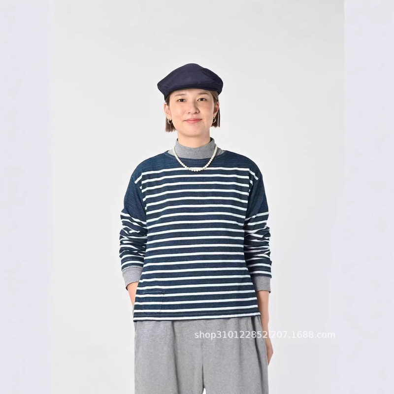 2026 Spring New Japanese Style R Indigo Hem Slit Basque Contrast Blue and White Round Neck Long Sleeve Striped T-Shirt 2026 Spring New Japanese Style R Indigo Hem Slit Basque Contrast Blue and White Round Neck Long Sleeve Striped T-Shirt