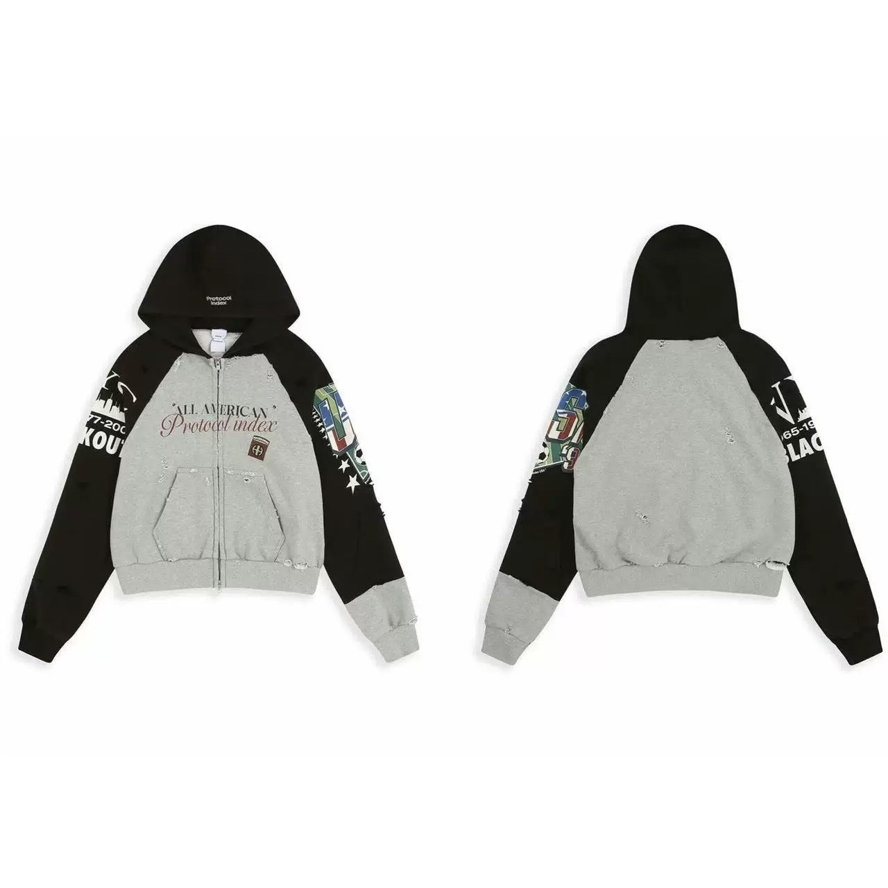 Protocol Index 26Ss Color-Blocked Patchwork Distressed Printed Zipper Hoodie Sweatshirt Jacket for Men and Women