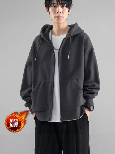 Lined and Thickened Solid Color Hooded Sweatshirt Jacket for Autumn and Winter Streetwear, Loose Fit New Trendy Teenage Boys' Apparel