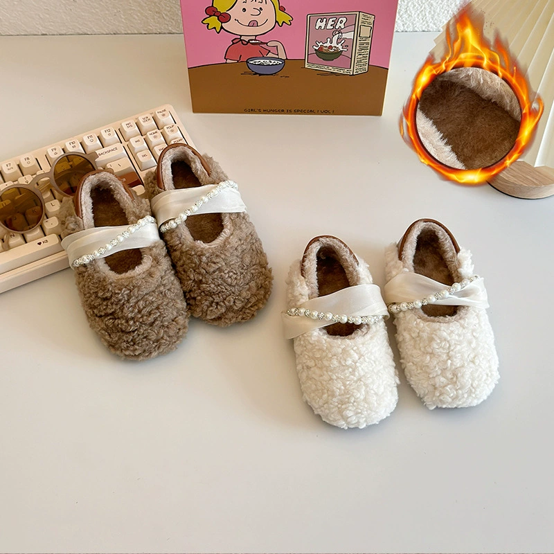 Детская меховая обувь 2024 зимняя корейская версия овечьей кудри плюс бархат теплые бобовые ботинки