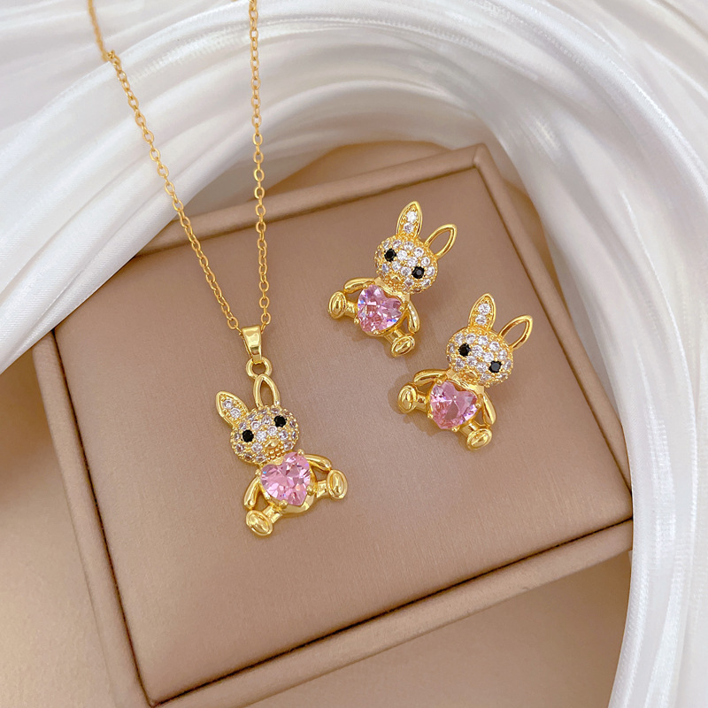 Luxurious Long Eared Rabbit Necklace And Earring Set Titanium_voghion.com