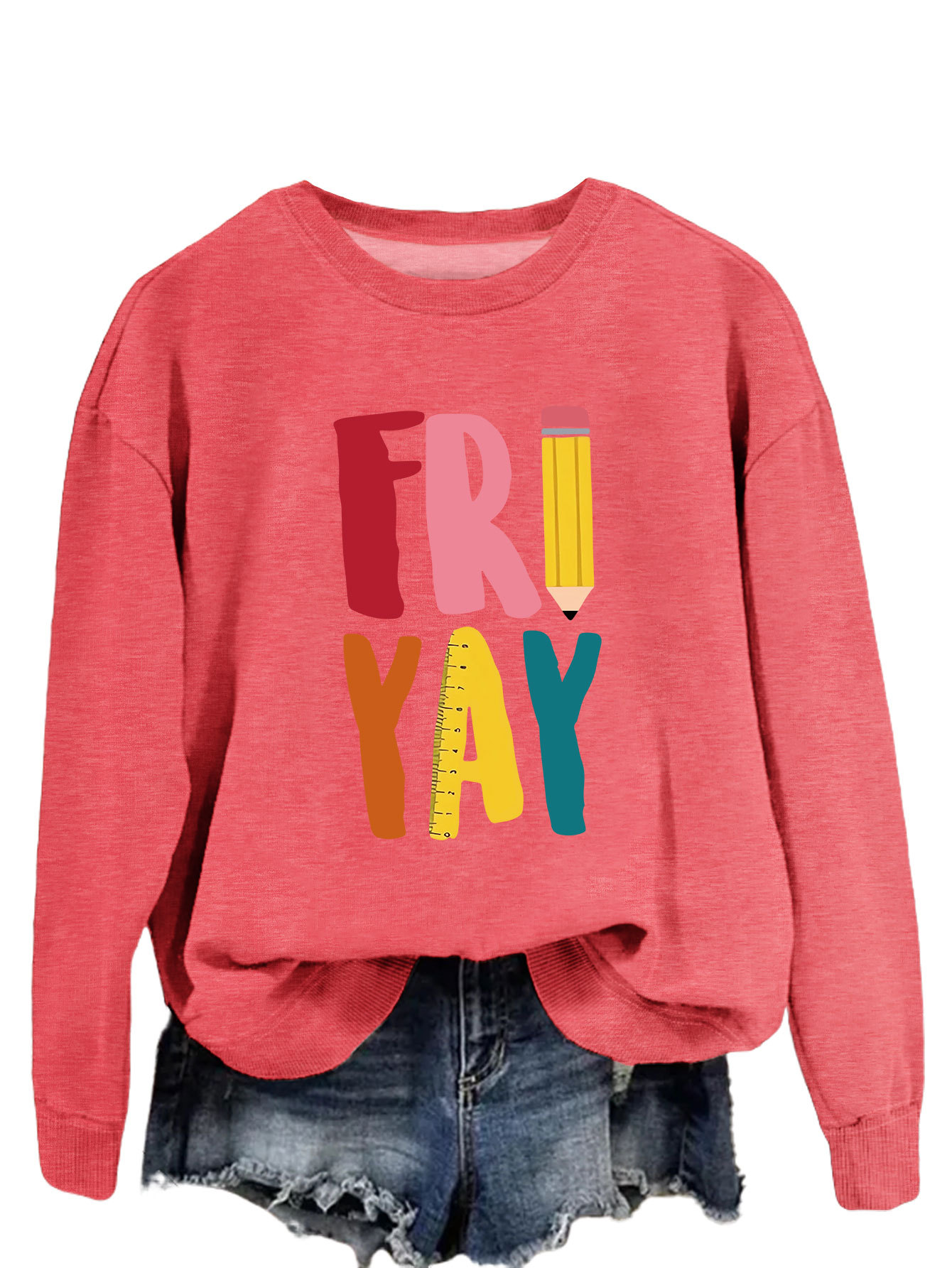 Estación independiente de moda Suelta todo fósforo superior FRI YAY lápiz divertido carta de impresión camisa de manga larga de las mujeres suéter