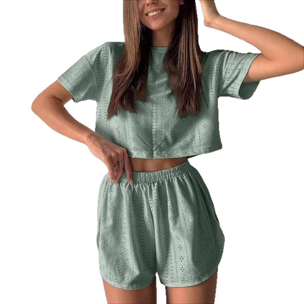 Cross-border 2026 Spring/Summer New European And American Sports Casual Outfit For Women, Solid Color Hollow Out Split_ecoleips.com