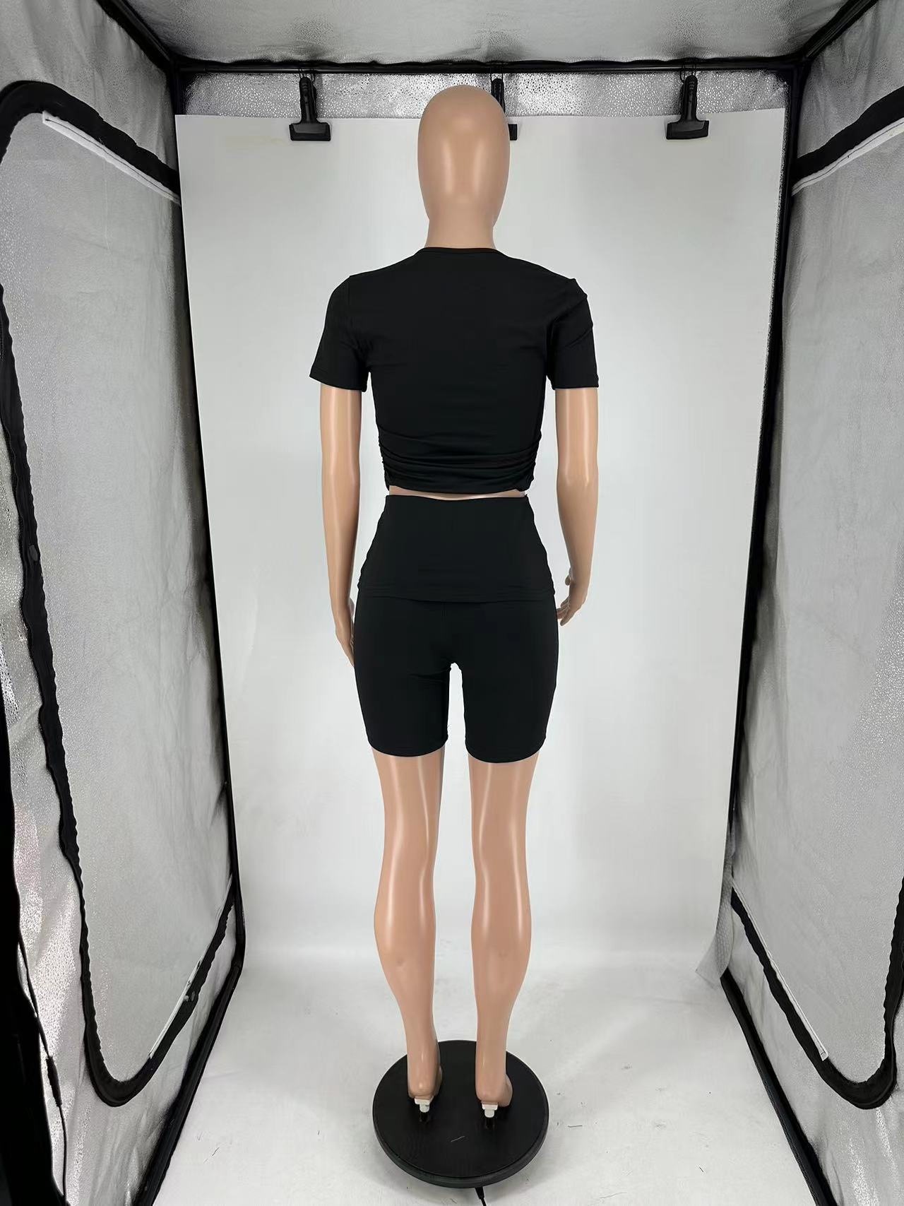 Women's Casual Short Sleeve Top + Roll-Up Shorts Set – Trendy Two-Piece Outfit (Black/Light Gray/Blue/Pink, S-Xl)_ecoleips.com