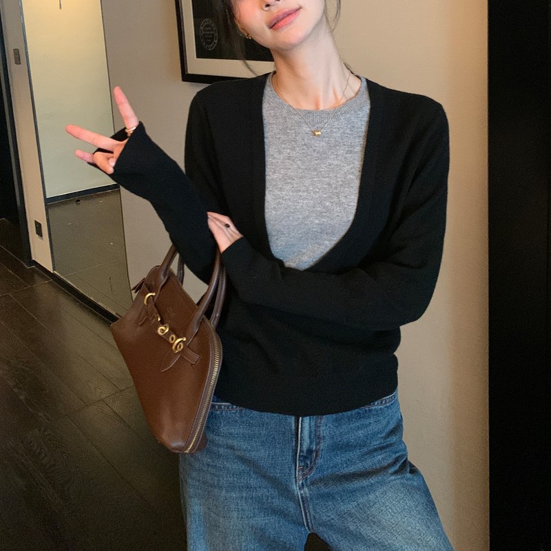 Maven Ljn 设计感假两件大U领含羊毛显瘦针织衫女春秋宽松毛衣|undefined