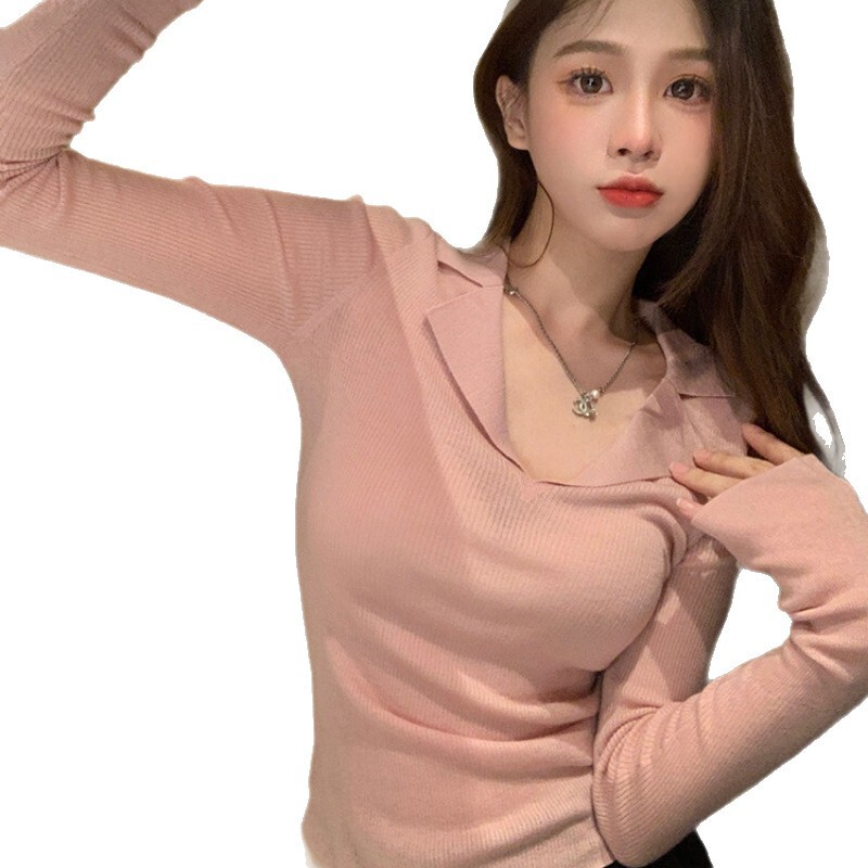 纯欲风翻领设计感长袖针织衫女秋季2025新款修身显瘦内搭打底上衣|undefined