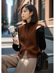 拉链针织开衫马甲女款2025新款秋冬季宽松今年流行的高领毛衣背心