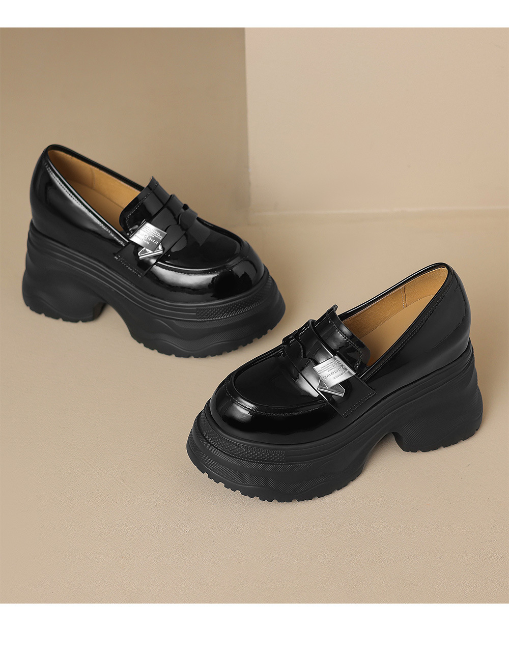 Giày lười nữ tăng chiều cao 12cm đế dày da sáng chế mũi vuông phong cách loafer — đen, Màu trắng nhạt chi tiết 18