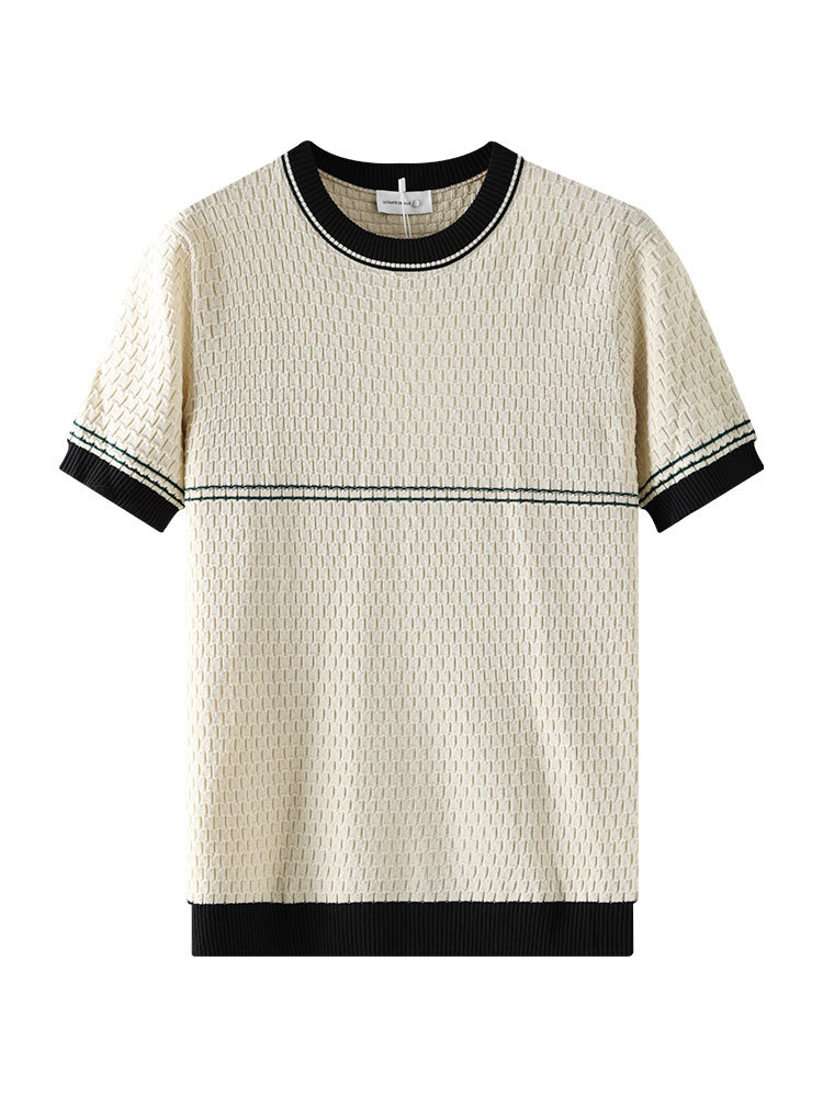 Transfronterizos europeos y americanos de cuello redondo de punto de hielo camiseta de manga corta para hombres de verano delgado color contrastante lujoso ligero de alta calidad ropa de hombre