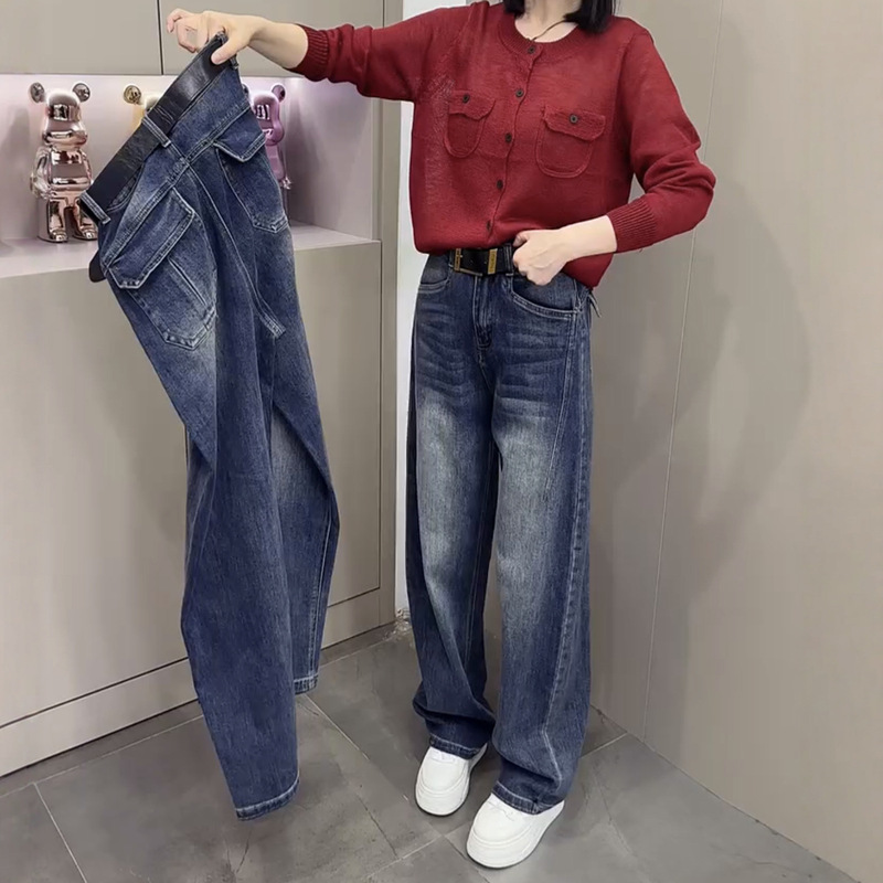 高腰窄版直筒牛仔裤女2025秋季新款大码胖mm显瘦美式直筒阔腿长裤|undefined