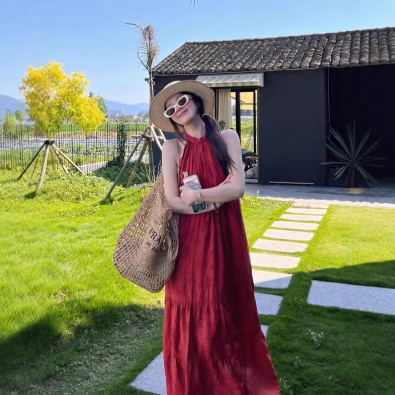 Red Halterneck Dress for Women, New Summer Vacation Style Design, Lace-Up Back, Loose and Chic Long Skirt