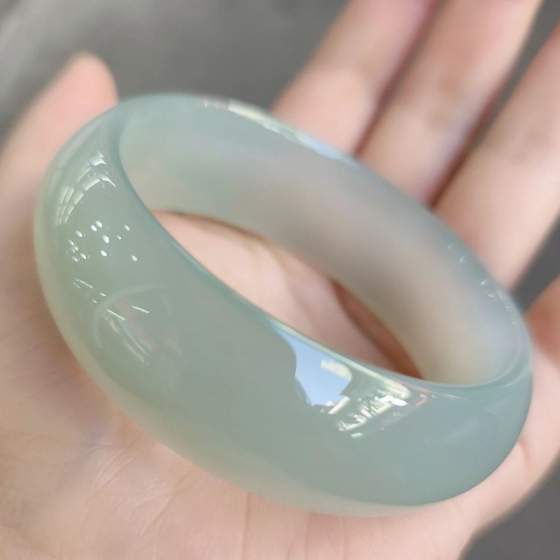 Elegant Style ~ Wide Version of Clear Aquamarine Chalcedony Bracelet, Green Color, High-End Lady Bracelet, Ice-Transparent Fashionable Fairy Jade Bracelet