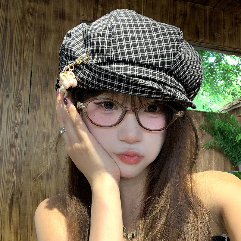 日系可爱小熊黑色格子贝雷帽女夏季文艺百搭显脸小报童帽子画家帽|undefined