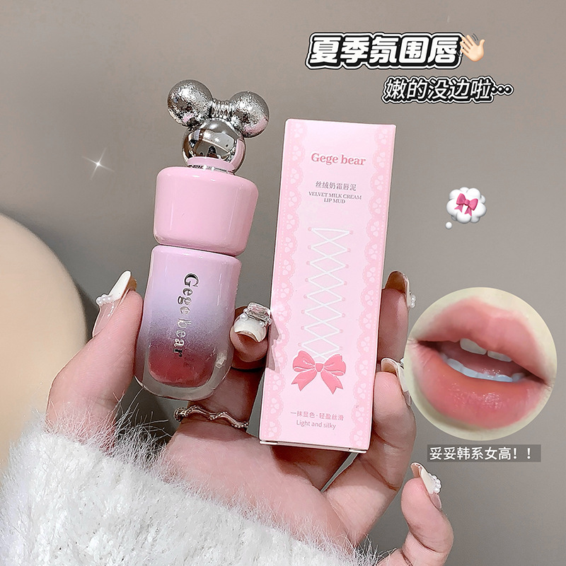 Gege Bear Velvet Mist Cream Lip Balm, brillo mate, color intenso, esmalte labial, lápiz labial blanco. image 3