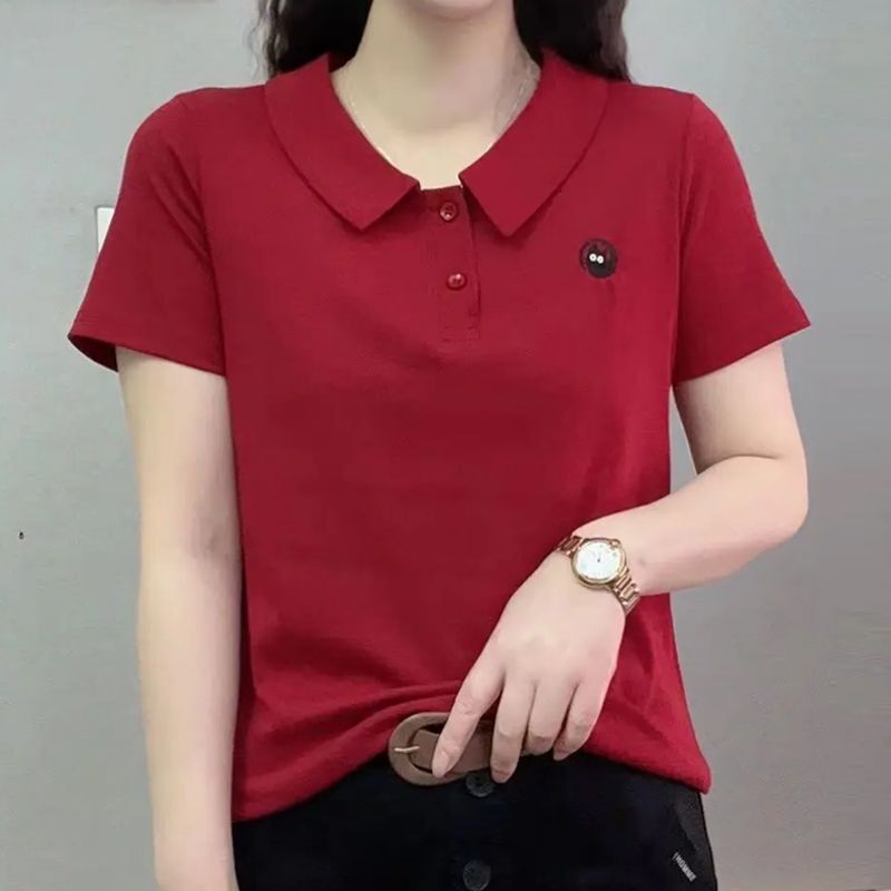 Middle-Aged and Elderly Women's Summer Short-Sleeved T-Shirts, Loose and Flesh-Covering Mother's Clothing, Age-Reducing Doll Collar Pullover, Pure Color T-Shirts, Small Shirts