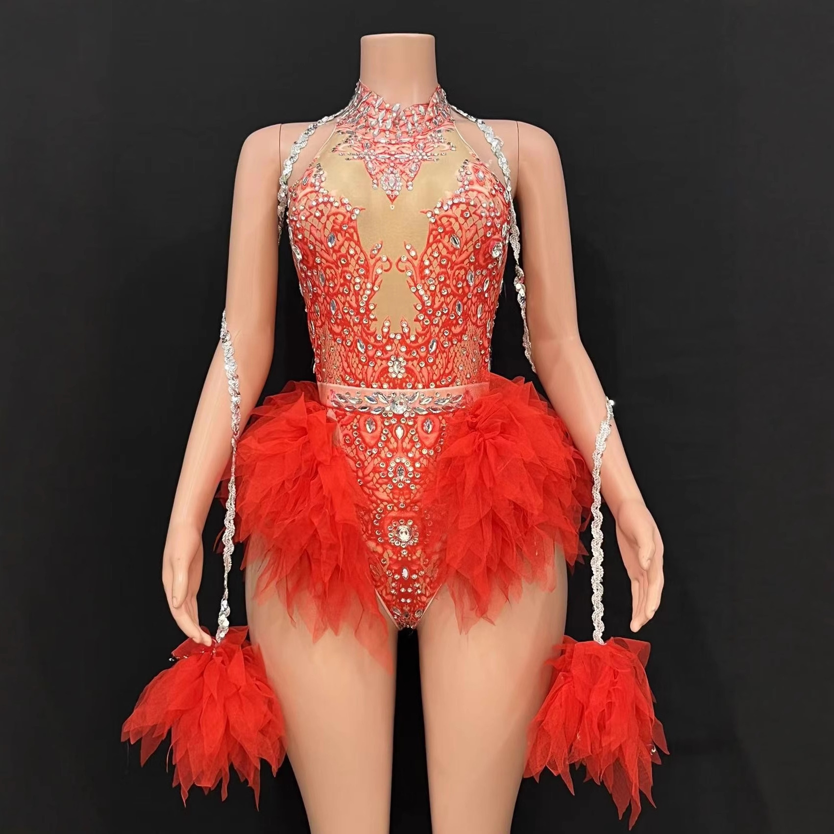 Gc Singer Dance Shiny Rhinestone Elastic Slimming Pink Mesh Jumpsuit Stage Performance Costume for Women in Europe and America
